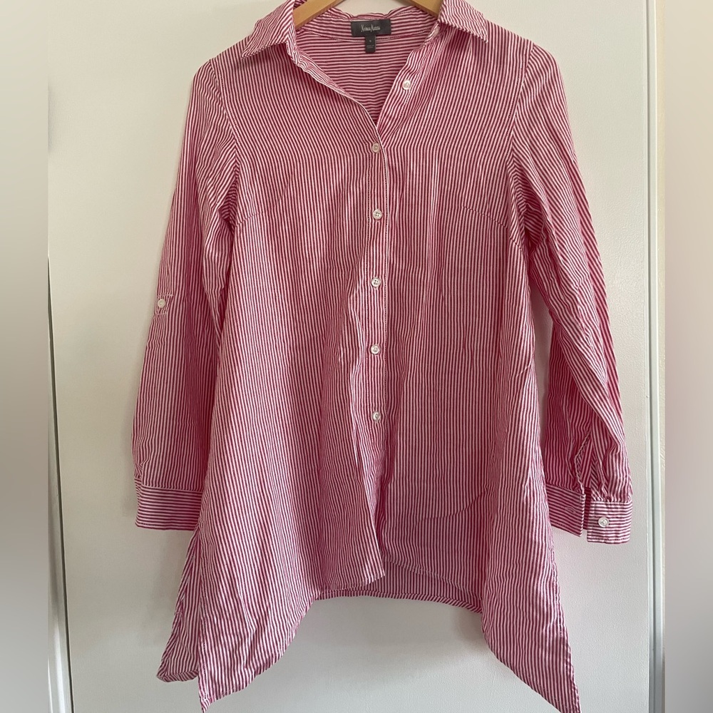 Neiman Marcus Red & White Striped Button-Front Shirt